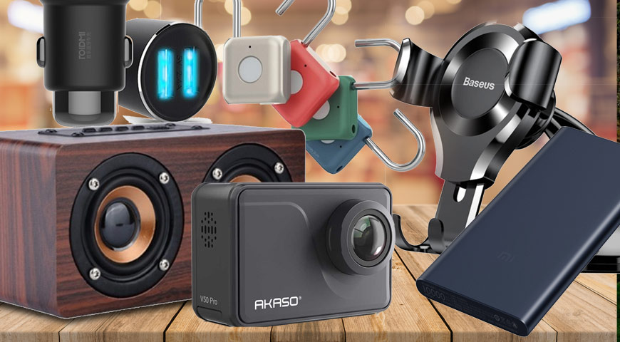 Road trip gadgets, a Bluetooth speaker, power bank and action camera