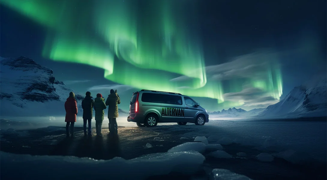 Northern lights in Iceland — green aurora dancing over a dark winter landscape