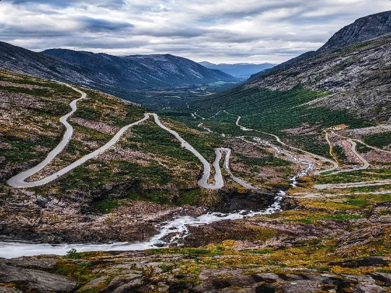The hairpin bends of the Trollstigen road through the Norwegian mountains.