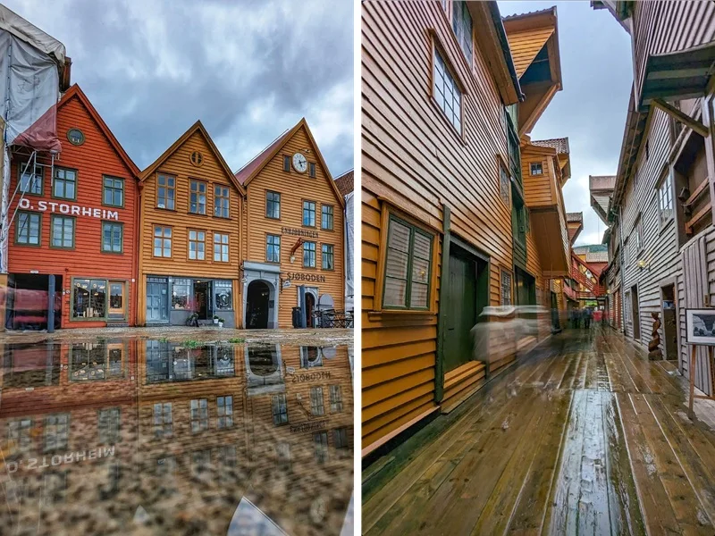 Colourful wooden houses of Bryggen in Bergen, Norway, reflected on the wet cobbles.
