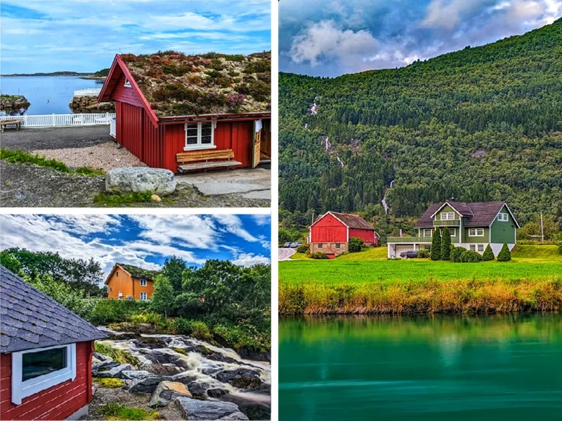 Traditional colourful houses in the Norwegian countryside beside lakes, streams and green hills.