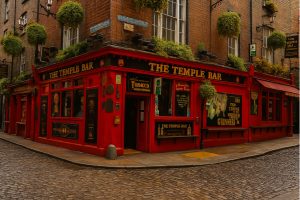 Η παμπ Temple Bar στο Δουβλίνο, με έντονο κόκκινο χρώμα και ιστορική πρόσοψη, σε πλακόστρωτο δρόμο αξιοθέατο για ταξίδι στην Ιρλανδία