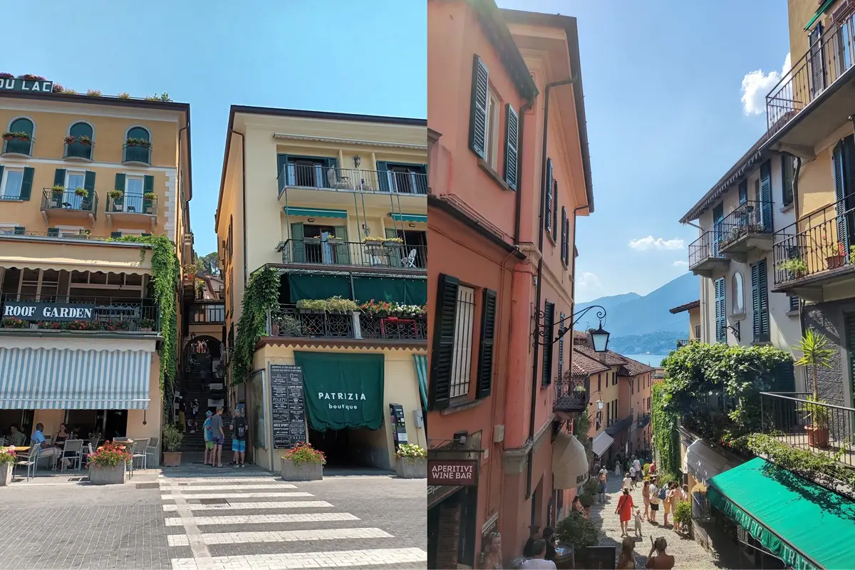 Γραφικά σοκάκια και κεντρικά κτίρια στο Bellagio με παραδοσιακή ιταλική αρχιτεκτονική και θέα στη Λίμνη Κόμο.