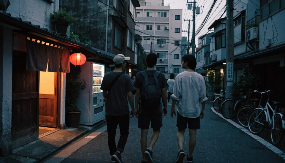 Three travellers walking a Tokyo side street at dusk, past a small izakaya with a red lantern and a vending machine