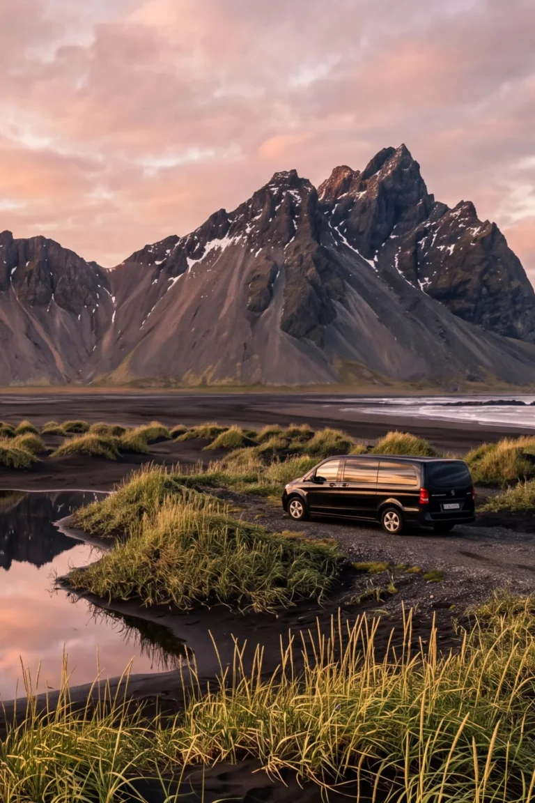 Vestrahorn above the black sand dunes of Stokksnes in evening light, with our van on the gravel track