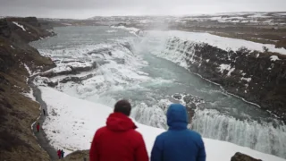 Gullfoss on the Golden Circle, snow along the canyon