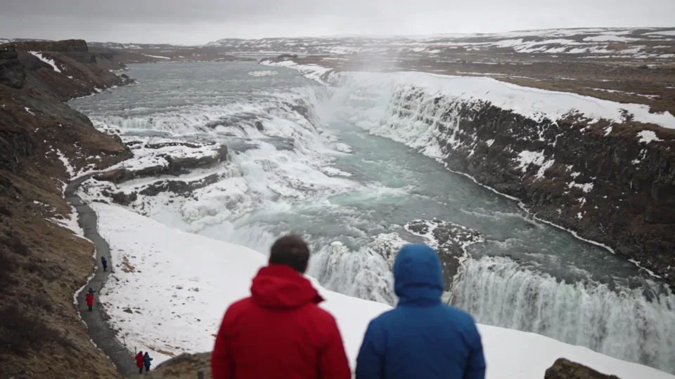 Gullfoss on the Golden Circle, snow along the canyon