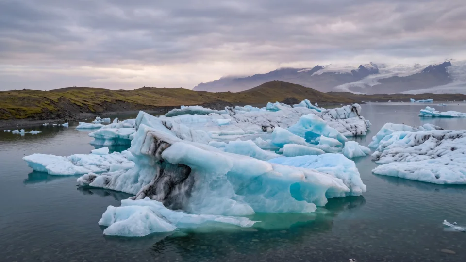 Icebergs in the Jokulsarlon lagoon with the glacier far behind