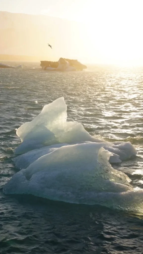 An iceberg in the water as the sun goes down