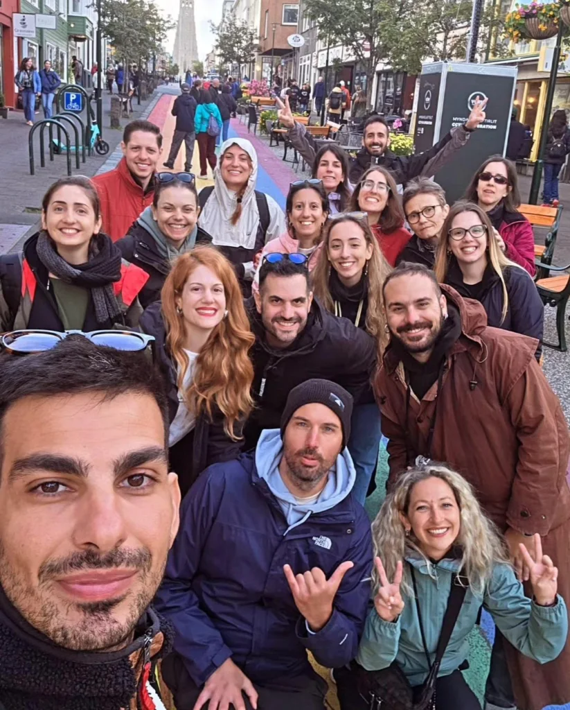A group selfie on Reykjavik's rainbow street