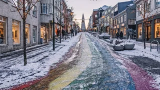 Snowy Skolavordustigur with Hallgrimskirkja at the end, Reykjavik