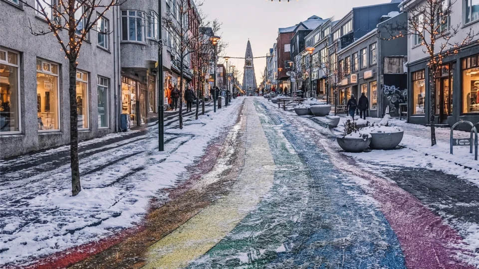 Snowy Skolavordustigur with Hallgrimskirkja at the end, Reykjavik