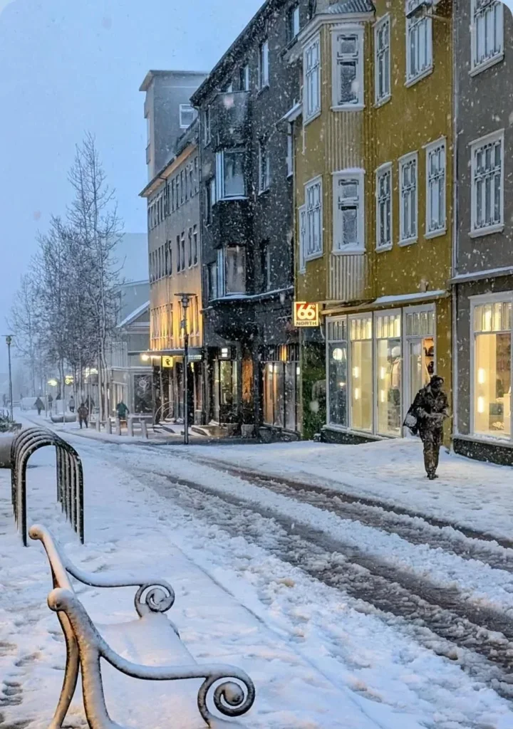 A snowy street in central Reykjavik
