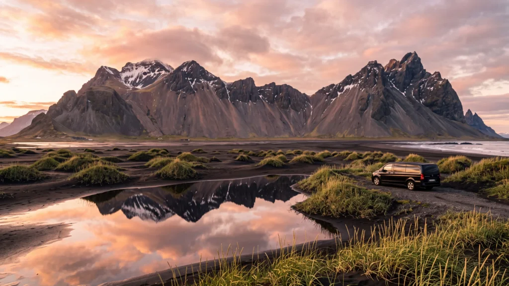 Vestrahorn above the black sand dunes of Stokksnes in evening light, with our van on the gravel track